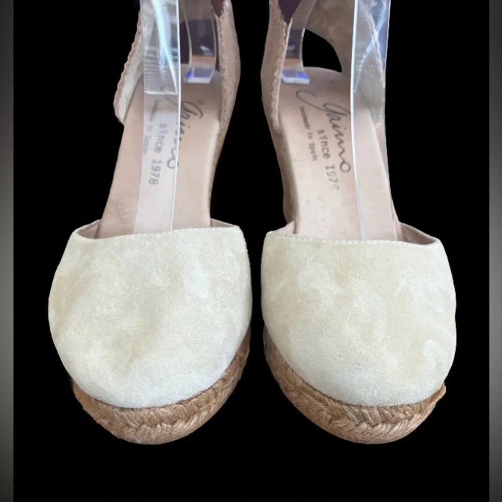 Giamo Anthro beige suede 3” wedge heel espadrilles w brwn lthr strp SZ 8 coastal